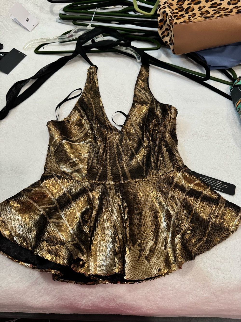bebe Gold Sequin V-Neck Peplum Camisole